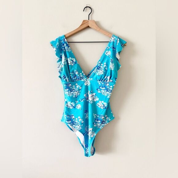 Cupshe One Piece Swimsuit Ruffle Strap in Blue and White Floral - Size L - Picture 2 of 5